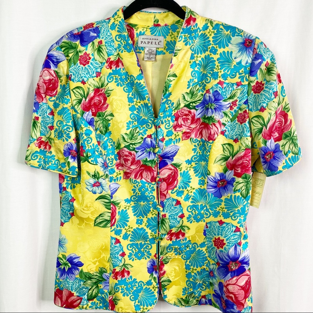 Vintage Adrianna Papell Yellow Floral Silk Suit 12 - Picture 2 of 15
